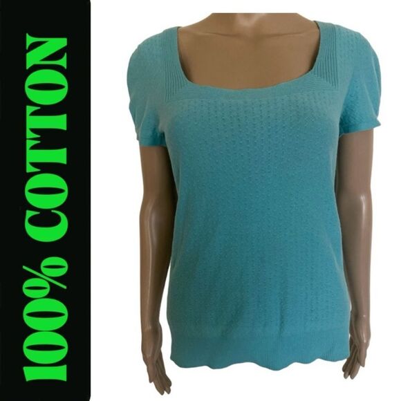 Frenchi Size L Sky Blue 100% Cotton Short Sleeve Square Neck Knit Sweater Top - Picture 1 of 9